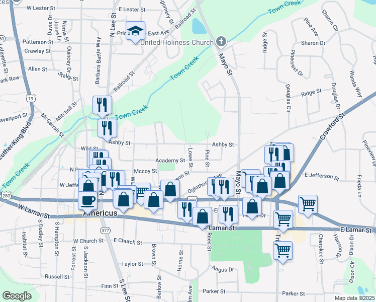 map of restaurants, bars, coffee shops, grocery stores, and more near 533a Ashby Street in Americus
