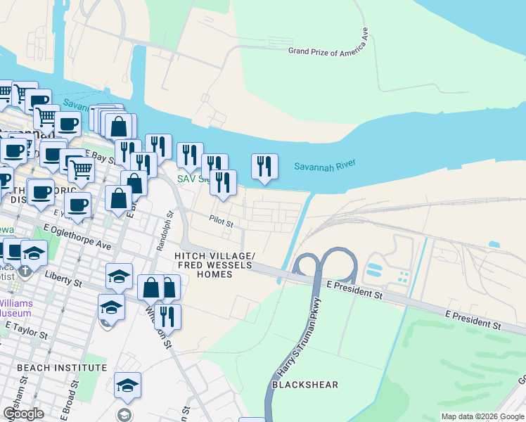 map of restaurants, bars, coffee shops, grocery stores, and more near 201 Port Street in Savannah