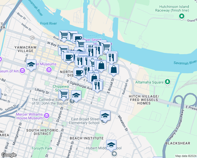 map of restaurants, bars, coffee shops, grocery stores, and more near 119 Price Street in Savannah