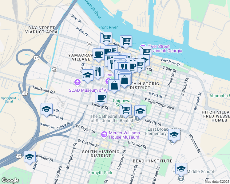 map of restaurants, bars, coffee shops, grocery stores, and more near 100 West Oglethorpe Avenue in Savannah