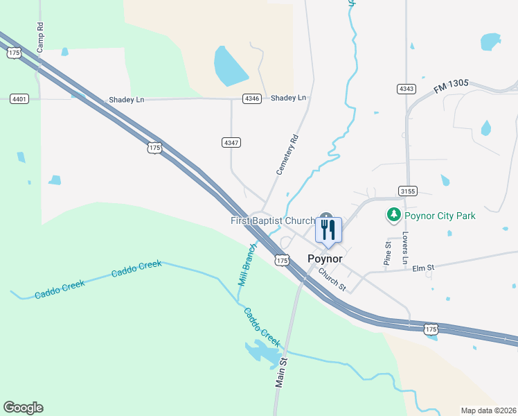 map of restaurants, bars, coffee shops, grocery stores, and more near unnamed road in Poynor