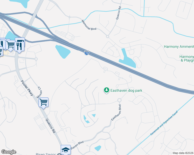 map of restaurants, bars, coffee shops, grocery stores, and more near 49 Olde Gate Court in Pooler