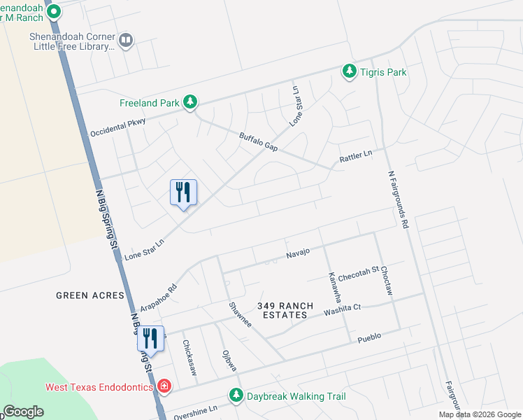 map of restaurants, bars, coffee shops, grocery stores, and more near Cowboy Drive in Midland