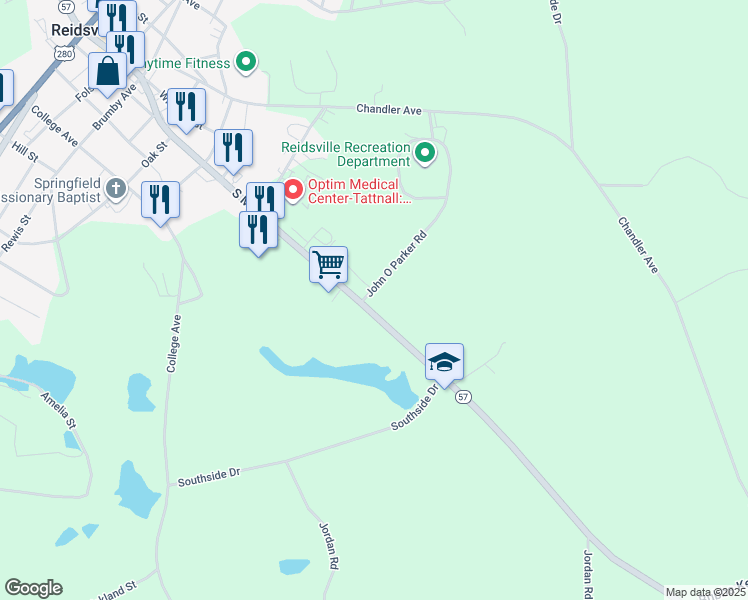 map of restaurants, bars, coffee shops, grocery stores, and more near 309 South Main Street in Reidsville