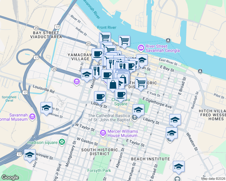 map of restaurants, bars, coffee shops, grocery stores, and more near 100 West Oglethorpe Avenue in Savannah
