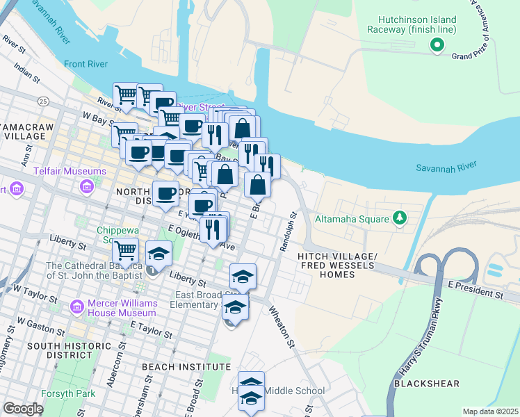 map of restaurants, bars, coffee shops, grocery stores, and more near 50 East Broad Street in Savannah