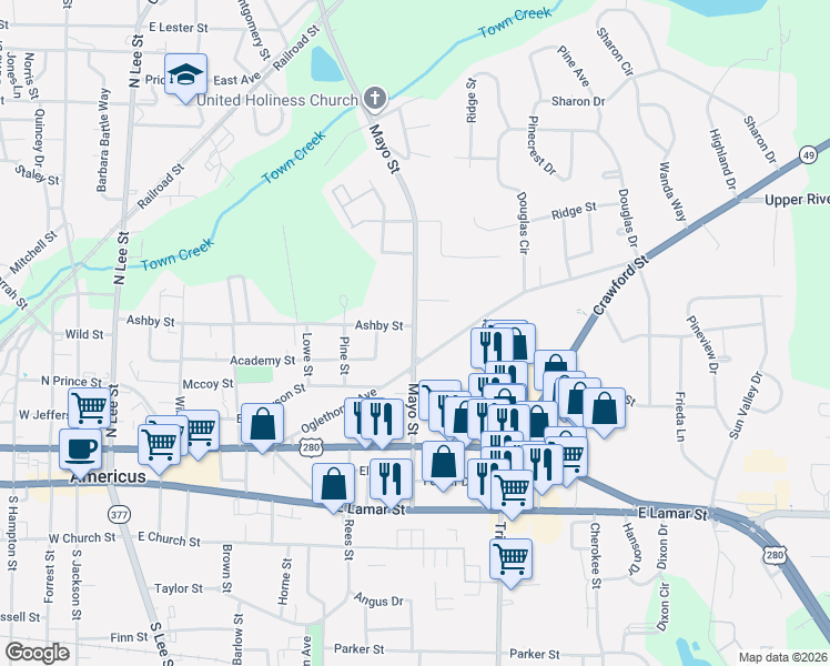 map of restaurants, bars, coffee shops, grocery stores, and more near 321 Mayo Street in Americus