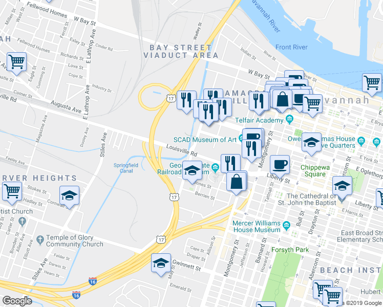 map of restaurants, bars, coffee shops, grocery stores, and more near 312 West Boundary Street in Savannah