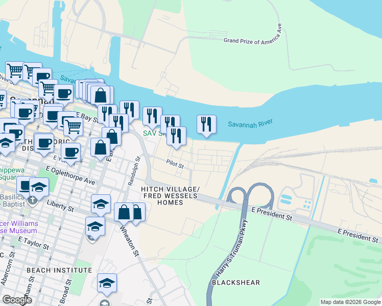 map of restaurants, bars, coffee shops, grocery stores, and more near 250 East Boundary Street in Savannah