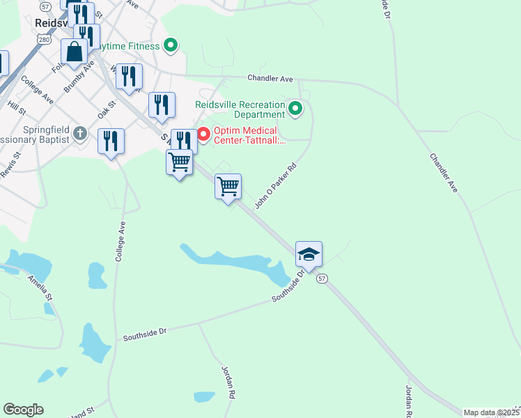 map of restaurants, bars, coffee shops, grocery stores, and more near 309 South Main Street in Reidsville