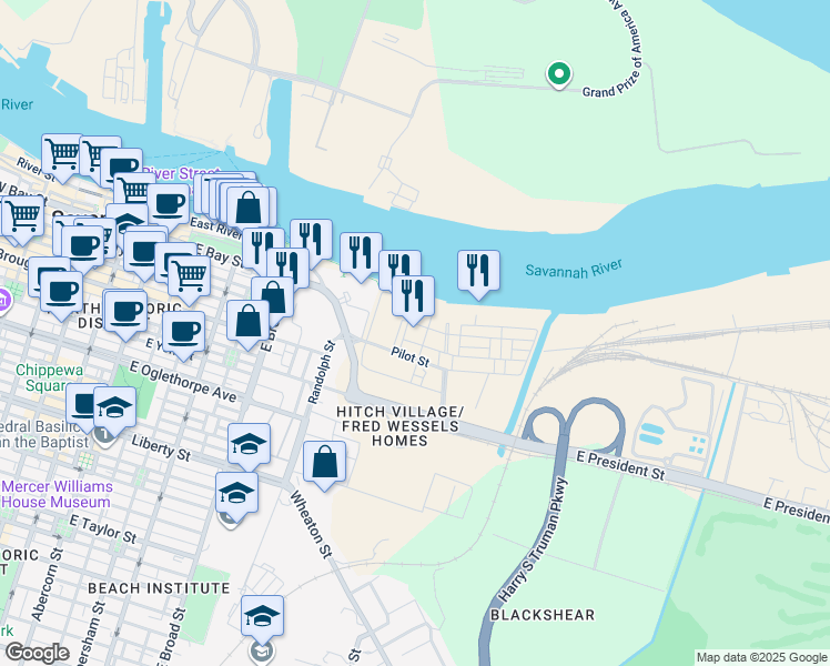 map of restaurants, bars, coffee shops, grocery stores, and more near 201 Port Street in Savannah