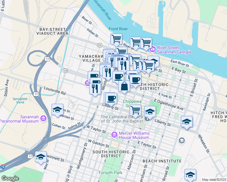 map of restaurants, bars, coffee shops, grocery stores, and more near 201 West Oglethorpe Avenue in Savannah