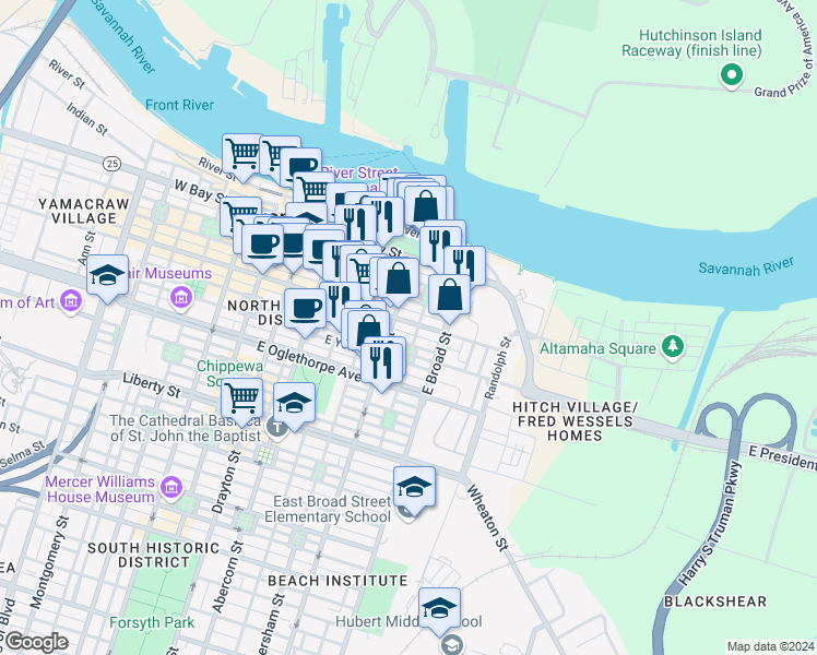 map of restaurants, bars, coffee shops, grocery stores, and more near 521 East Broughton Street in Savannah