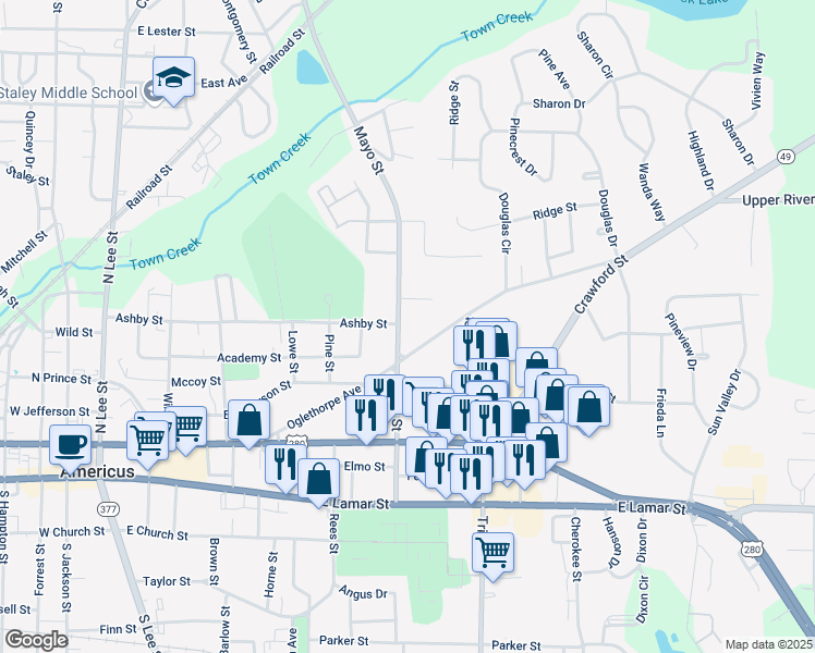 map of restaurants, bars, coffee shops, grocery stores, and more near 321 Mayo Street in Americus