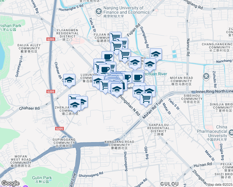 map of restaurants, bars, coffee shops, grocery stores, and more near Zhong Shan Bei Lu in Nan Jing Shi