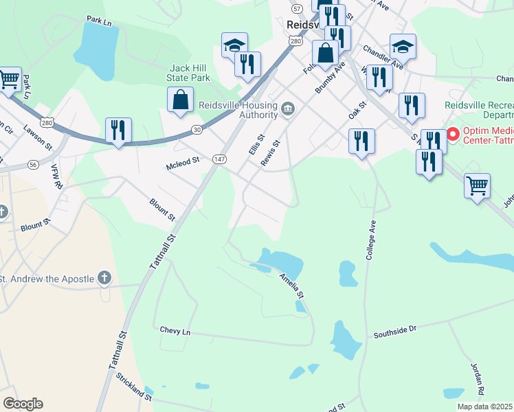 map of restaurants, bars, coffee shops, grocery stores, and more near 177 Smith Avenue in Reidsville