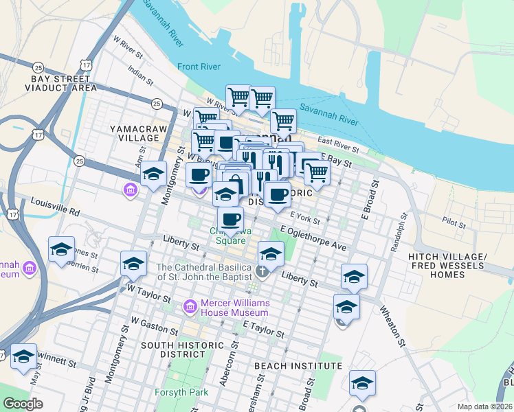 map of restaurants, bars, coffee shops, grocery stores, and more near 23 East York Street in Savannah