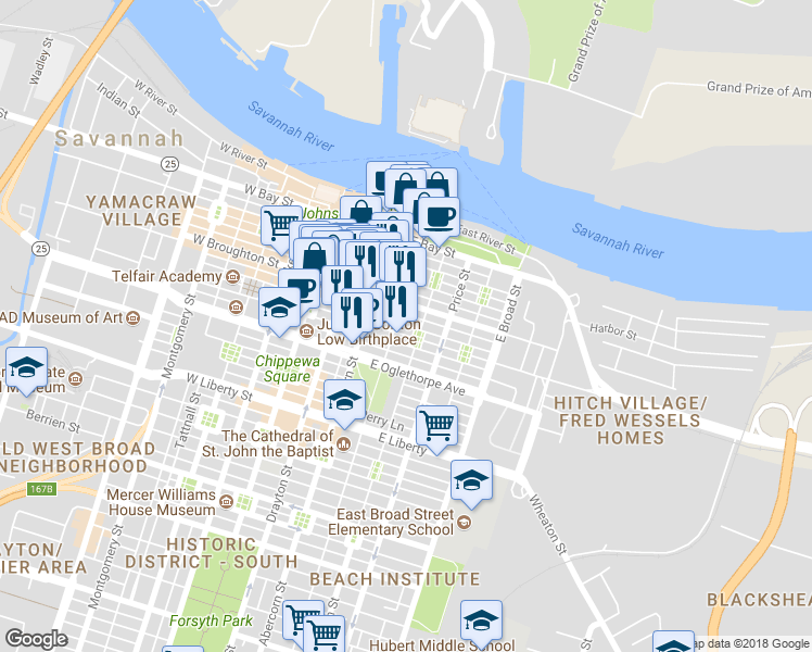 map of restaurants, bars, coffee shops, grocery stores, and more near East State Street in Savannah