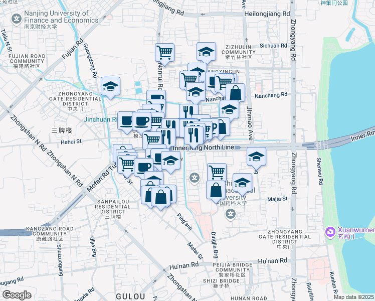 map of restaurants, bars, coffee shops, grocery stores, and more near Xin Mo Fan Ma Lu in Nan Jing Shi