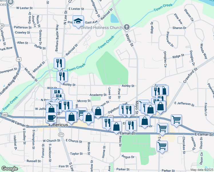 map of restaurants, bars, coffee shops, grocery stores, and more near 533a Ashby Street in Americus