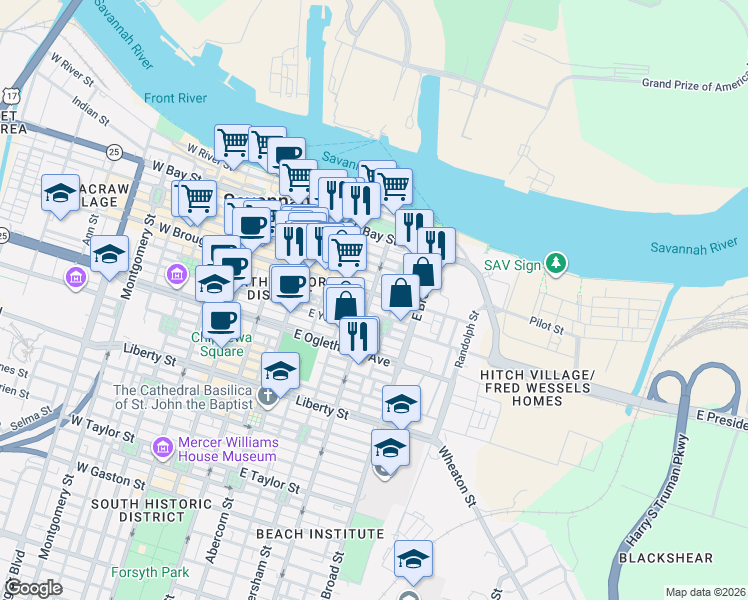 map of restaurants, bars, coffee shops, grocery stores, and more near 421 East Broughton Street in Savannah