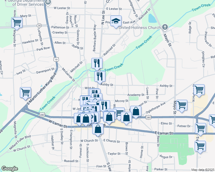 map of restaurants, bars, coffee shops, grocery stores, and more near 20 Academy Street in Americus