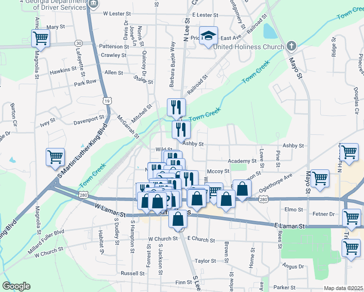 map of restaurants, bars, coffee shops, grocery stores, and more near 505 North Lee Street in Americus