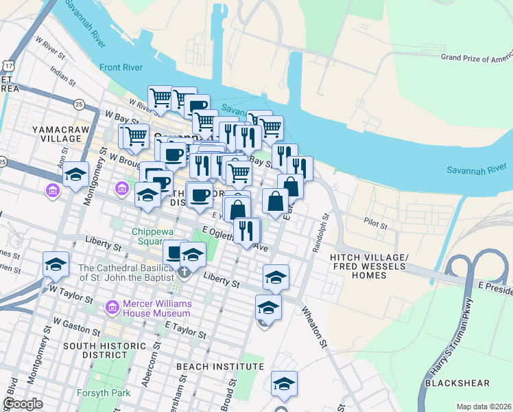 map of restaurants, bars, coffee shops, grocery stores, and more near 421 East Broughton Street in Savannah