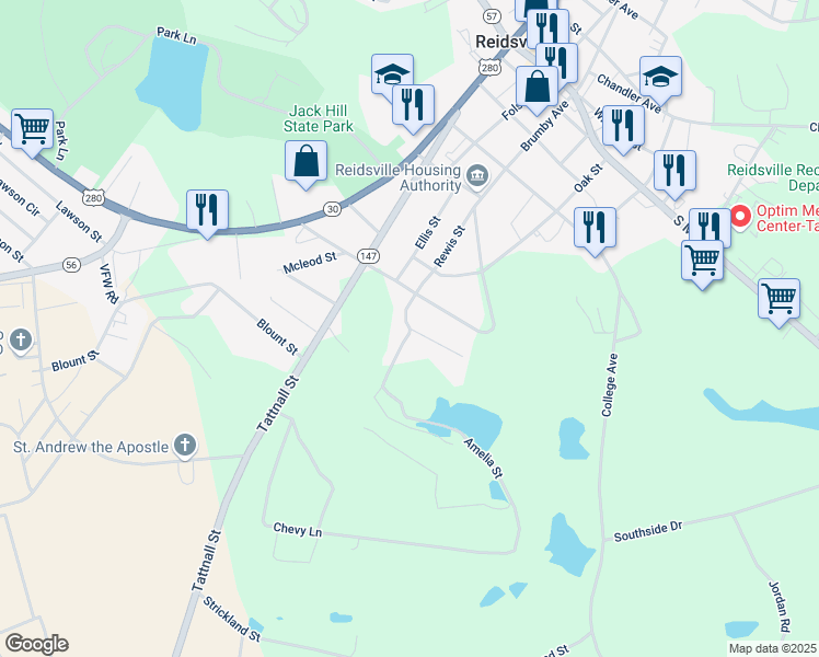 map of restaurants, bars, coffee shops, grocery stores, and more near 132 Leigh Circle in Reidsville