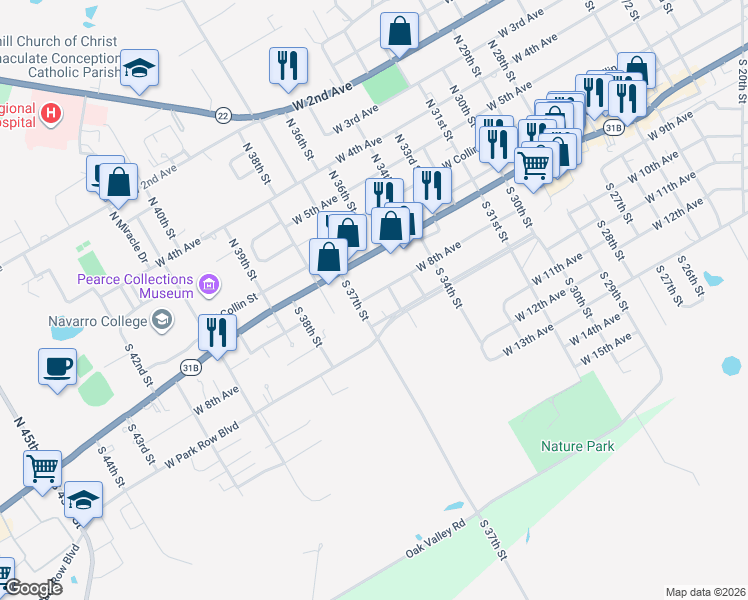 map of restaurants, bars, coffee shops, grocery stores, and more near 2705 West 8th Avenue in Corsicana