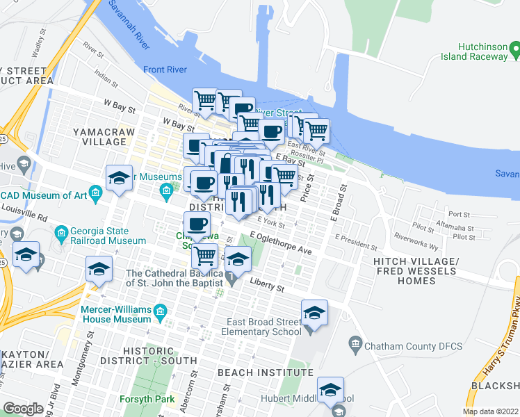 map of restaurants, bars, coffee shops, grocery stores, and more near 124 Abercorn Street in Savannah