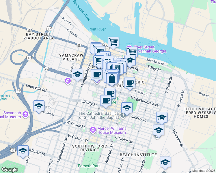 map of restaurants, bars, coffee shops, grocery stores, and more near in Savannah