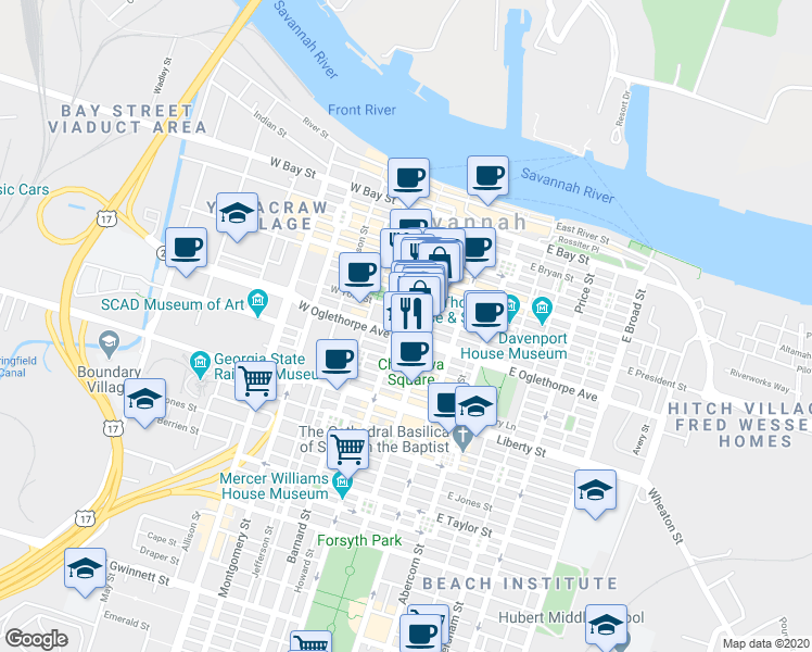 map of restaurants, bars, coffee shops, grocery stores, and more near in Savannah