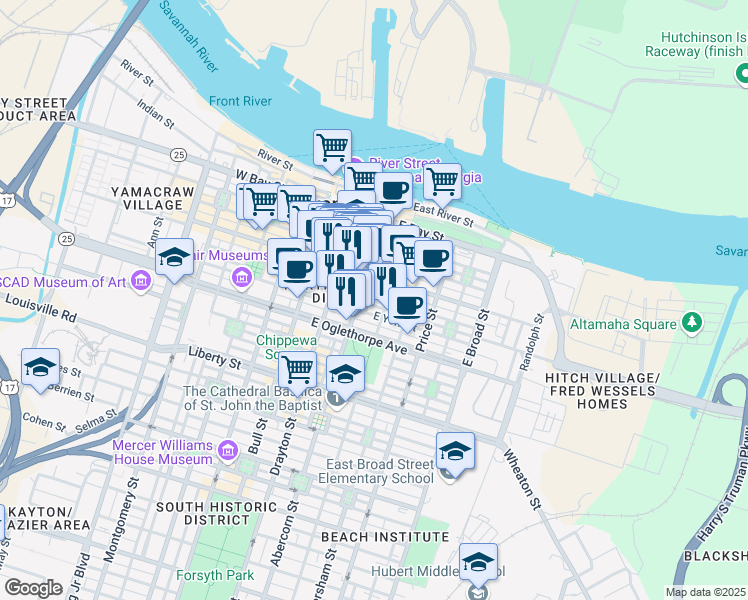 map of restaurants, bars, coffee shops, grocery stores, and more near 124 Abercorn Street in Savannah