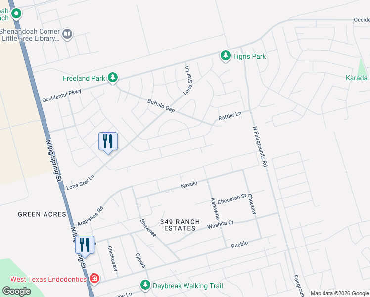 map of restaurants, bars, coffee shops, grocery stores, and more near 1611 Wrangler Lane in Midland