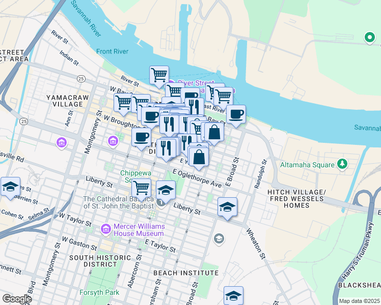 map of restaurants, bars, coffee shops, grocery stores, and more near 308 East State Street in Savannah