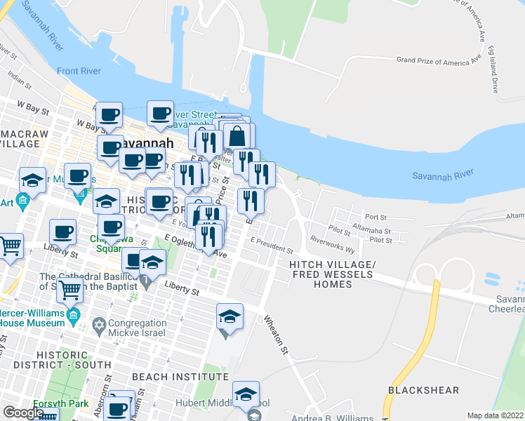 map of restaurants, bars, coffee shops, grocery stores, and more near 50 East Broad Street in Savannah
