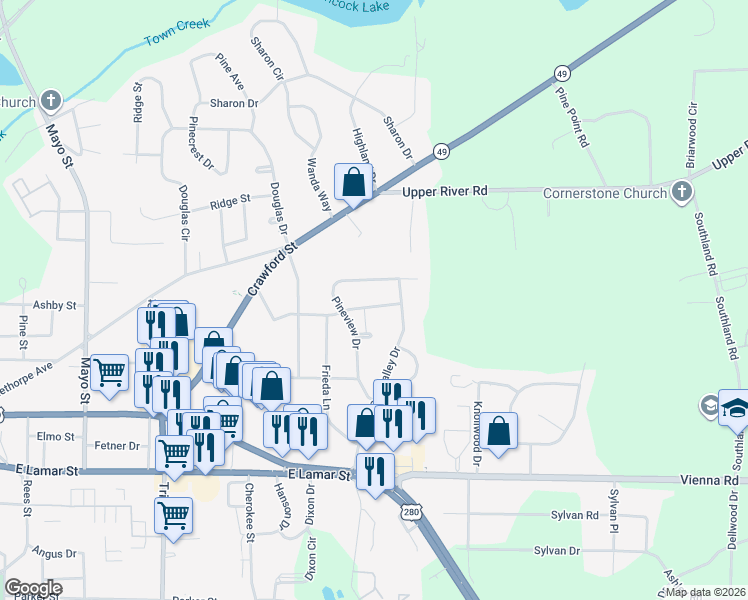 map of restaurants, bars, coffee shops, grocery stores, and more near 410 Peggy Anne Drive in Americus