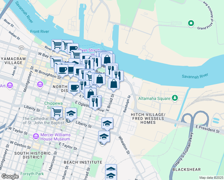 map of restaurants, bars, coffee shops, grocery stores, and more near 41 East Broad Street in Savannah