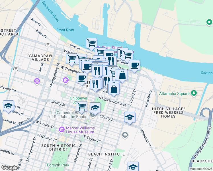 map of restaurants, bars, coffee shops, grocery stores, and more near 308 East State Street in Savannah