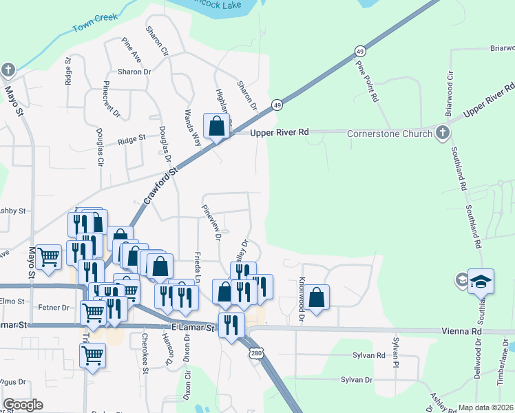 map of restaurants, bars, coffee shops, grocery stores, and more near 303 Sun Valley Drive in Americus