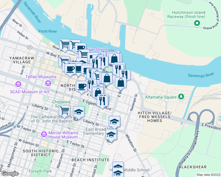 map of restaurants, bars, coffee shops, grocery stores, and more near 40 Houston Street in Savannah