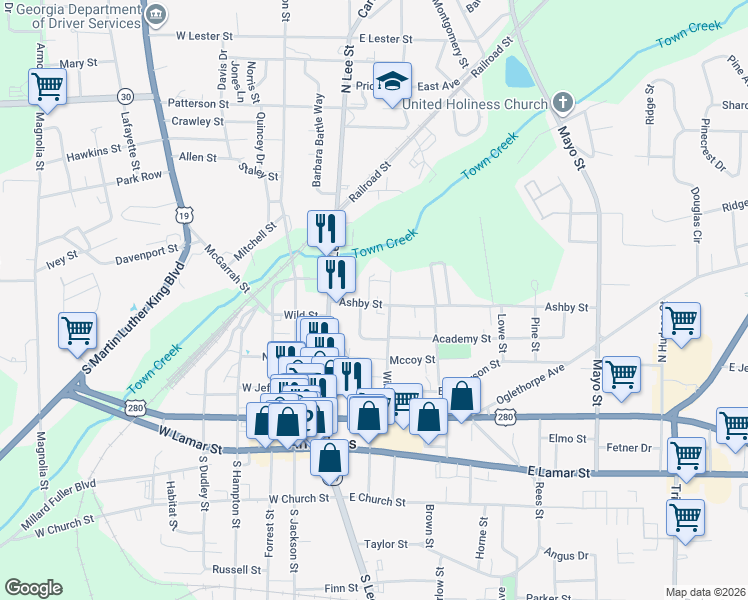 map of restaurants, bars, coffee shops, grocery stores, and more near 20 Academy Street in Americus