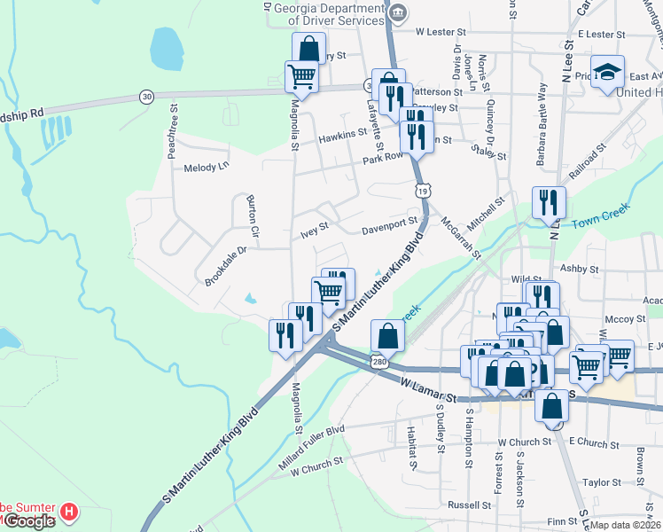 map of restaurants, bars, coffee shops, grocery stores, and more near 608 Walter Way in Americus