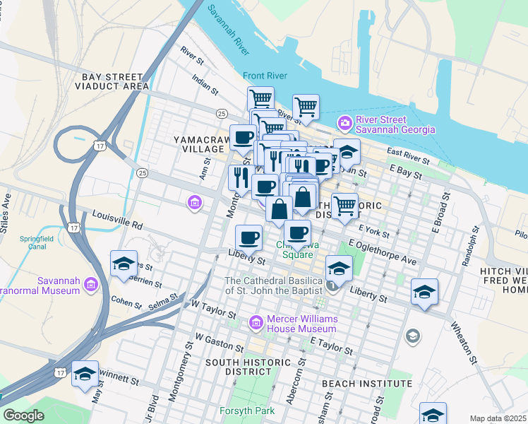 map of restaurants, bars, coffee shops, grocery stores, and more near 222 West Oglethorpe Avenue in Savannah