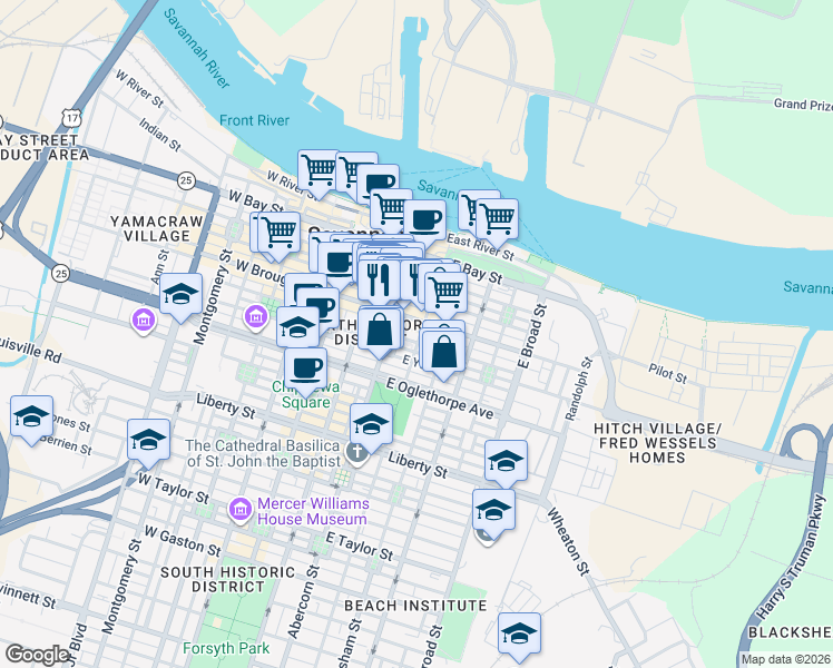 map of restaurants, bars, coffee shops, grocery stores, and more near 308 East State Street in Savannah