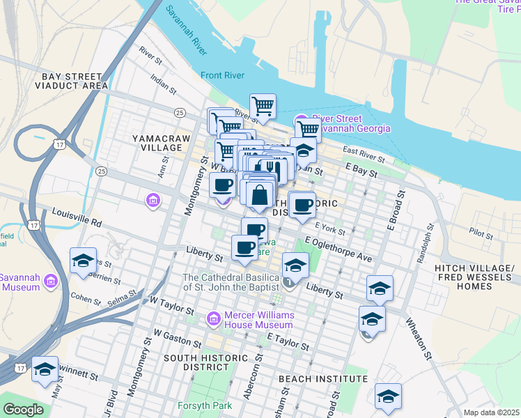 map of restaurants, bars, coffee shops, grocery stores, and more near in Savannah