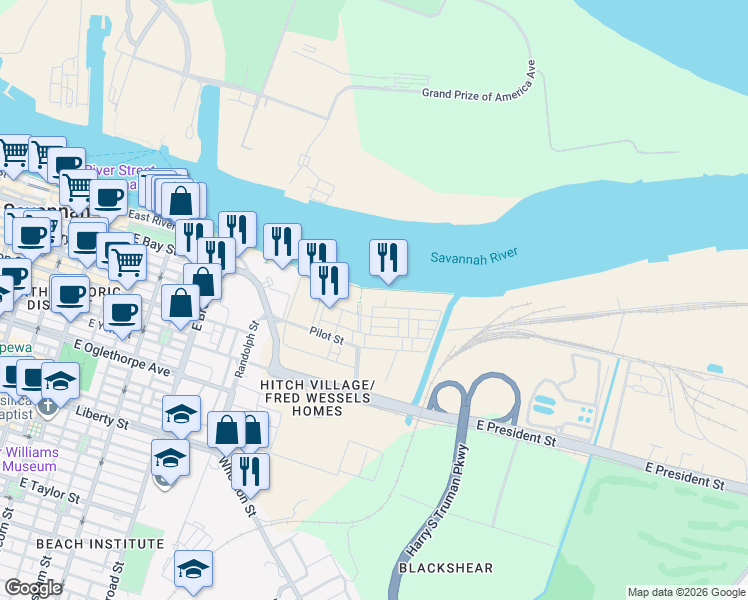 map of restaurants, bars, coffee shops, grocery stores, and more near 201 Port Street in Savannah