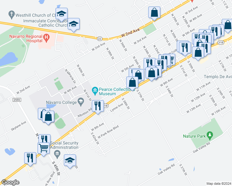 map of restaurants, bars, coffee shops, grocery stores, and more near 2917 West Collin Street in Corsicana