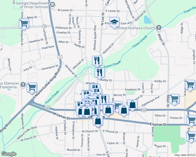 map of restaurants, bars, coffee shops, grocery stores, and more near 505 North Lee Street in Americus